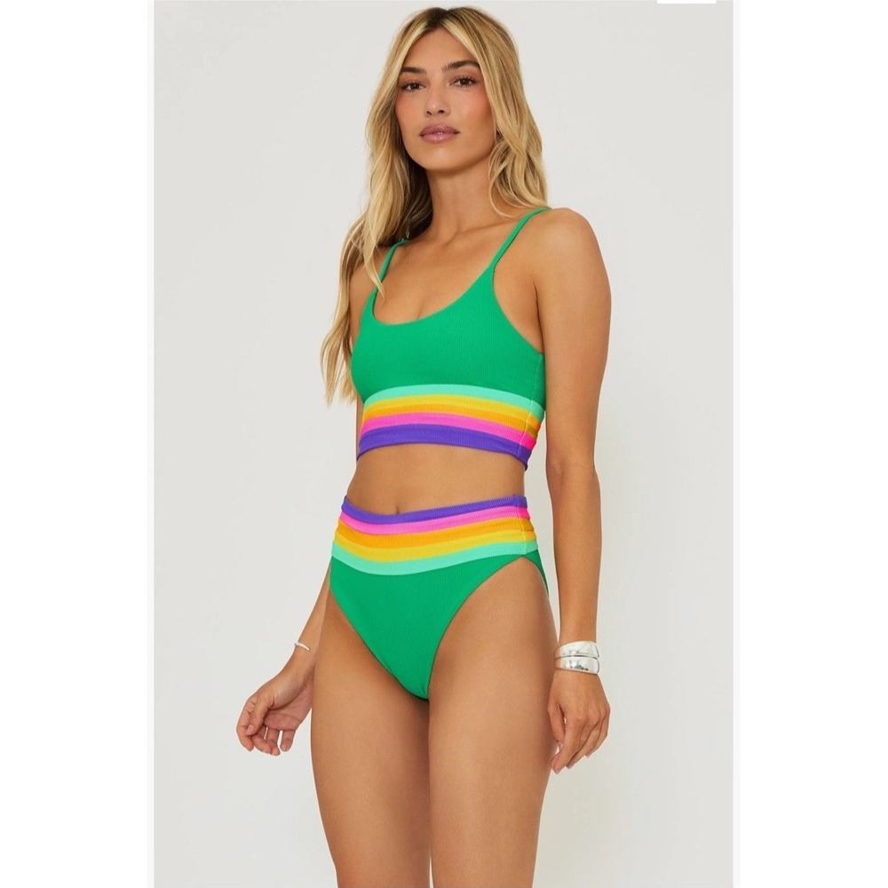 BEACH RIOT Colorblock Rainbow Ribbed Bikini Mae Top Millie High Waist Bottoms L